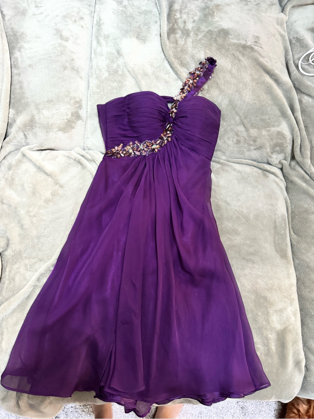La Femme Purple One-Shoulder Chiffon Dress with Jeweled Strap